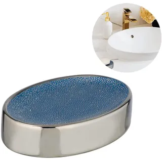 Seifenschale aus Keramik, 12 x 3 x 8 cm, Silber und Blau
