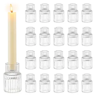 Romadedi Glas Kerzenhalter Kerzenständer für Stabkerzen - 20er Set Klein Stabkerzenhalter Hochzeit Tischdeko für Stabkerze Kerzen Esstisch Party Weihnachten Advent Wohnzimmer Vintage Deko