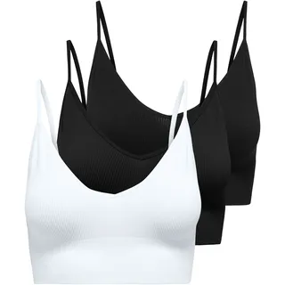 Bustier ONLY "ONLVICKY RIB S-L V-NECK 3-PACK TOP NOOS", Damen, Gr. S, N-Gr, weiß (schwarz pack:schwarz, schwarz, hellweiß), Jersey, Obermaterial: 90% Polyamid, 10% Elasthan, unifarben, figurbetont, BHs Bustier, figurbetont, modisch, Materialmix, Jersey, Spaghettiträger