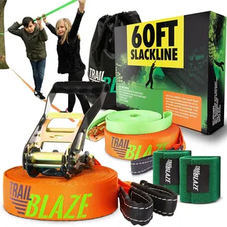 Slackline Anfänger-Komplettset – Trainingsgurt Baumschutz Transporttasche – neueste Technologie mit Ratsche und ergonomischem Griff – perfekte Aktivität im Freien