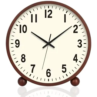 BVI BOOMERVIVI Tischuhr 21 cm, Holz Tischuhr ohne Ticken mit Lautlosem Uhrwerk, Batteriebetrieben, Tischuhren Analog mit HD Glas für Wohnzimmer, Nachttisch, Büro (Walnussfarbe)