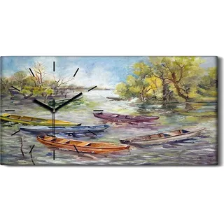 Wanduhr Bürouhr Leinwand Bild 60x30 Gemälde See Boote Bäume Himmel Wolken Kunst - schwarze Hände