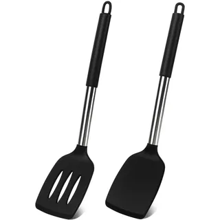 Vicloon Pfannenwender Silikon, 2 Stück Silikon Geschlitzt Pfannenwender, Robust, Antihaftbeschichtet, Pfannenwender Set mit Griff aus Edelstahl, Antihaft Spachtel zum Kochenzum Kochen Backen Wenden
