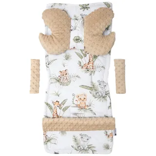 Medi Partners Sitzauflage Kinderwagen Buggy Baby Sommer Kindersitz Einlage Universal - 5tgl Gurtpolster + Spielbogen Kinderwagenset Babyschale (Safari mit beige Minky)