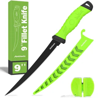 ANTOWIN 22,8cm Filetiermesser Fisch, Edelstahl Angelmesser Klinge aus Japanischem SG2, Fischmesser mit SharkGrip Griff, Scharfes Messer zum Angeln & Filetieren, inkl. Messerschutzhülle & XL Schärfer