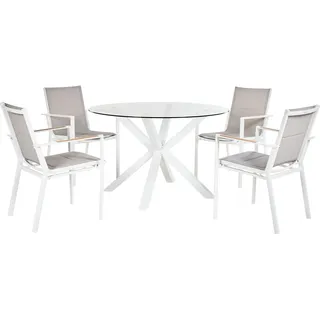 BELIANI Gartenmöbel Set 5-teilig Weiß u. Transparent Aluminium Tisch  120 cm Rund Glasplatte mit 4 Stühlen Bespannt Stapelbar Terrasse Außenbereich - Weiß, Grau, Transparent, Braun