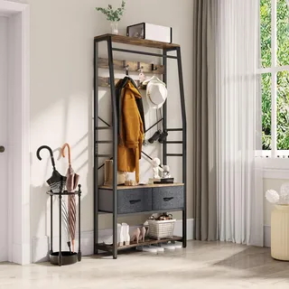 YITAHOME Garderobenständer, 6-in-1-Garderobenregal mit 2 Schubladen, Standgarderobe mit Schuhablage, Kleiderstange aus Holz und Metall mit 8 Haken, für Flur Wohnzimmer Schlafzimmer, Vintagebraun