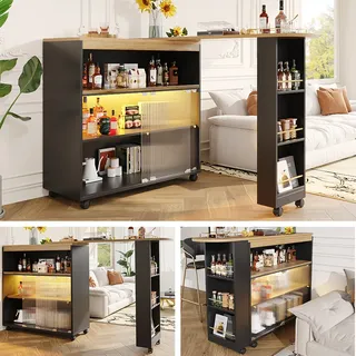 Flieks Ausziehbar Esstische Küchentisch mit Regal und Staufach, Bartisch Stehtisch mit LED, Rechteckig Tisch Kücheninsel 360 ° Drehbar, Schwarz - Schwarz