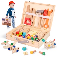 Werkzeugkoffer Kinder Werkzeug Holzspielzeug, 55 Stück Werkbank Kinderwerkzeug Set mit Holzwerkzeug und Werkzeugkasten, Motorikspielzeug ab 2 3 4 5 Jahre Jungen Mädchen, Geburtztag Geschenk (Kasten)