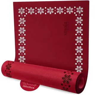 smøla Design Tischläufer Filz Rot 100 x 30 cm – Skandinavischer Tischläufer mit Schneeflocken Motiv, abwaschbar, Tischdeko Weinrot