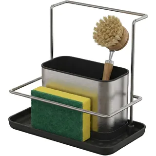 Relaxdays Spülbecken Organizer, mit Abtropfschale & Schwammhalter, HBT: 19x21x12 cm, Spülset Küche, Edelstahl, Silber