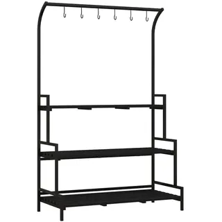 Outsunny Pflanzenständer, Pflanzentreppe, 3 Ebenen, mit 6 Haken, für Garten, Stahl, Schwarz , Metall, Holz , 50x170x110 cm , Wohnzimmer, Wohnzimmertische, Blumenständer