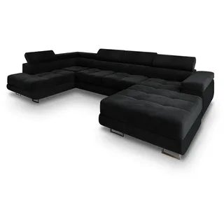Masseno Wohnlandschaft Casone L-S Schwarz Velours-Stoff mit Schlaffunktion , Metall , U-Form , 345x90x202 cm , Wohnzimmer, Sofas & Couches, Wohnlandschaften, Wohnlandschaften in U-Form