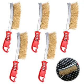 5 Stück Drahtbürste Grill, Messing Grillbürste 24x5cm Handdrahtbürste, Grillfürst Messingbürste mit Gebogenem Anti-Rutsch-Griff, Drahtbürste Messing zur Reinigung von Grill, Schweißschlacke, Rost, Öl