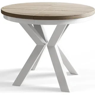 Runder Esszimmertisch LOFT, ausziehbarer Tisch Durchmesser: 120 cm/200 cm, Wohnzimmertisch Farbe: Beige, mit Metallbeinen in Farbe Weiß - Beige, Weiß