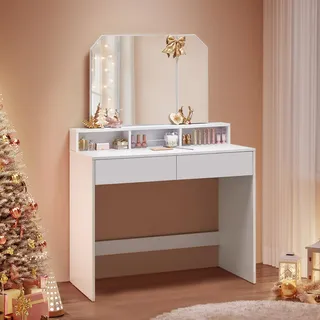 VASAGLE RDT115W01 Schminktisch mit Klappspiegel und 2 Schubladen, 3 offene Fächer, für Make-up, modern, Wolkenweiß