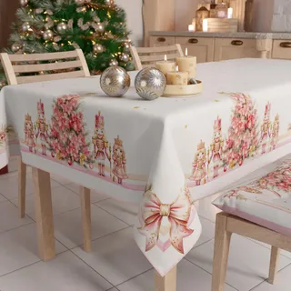 Petti - Weihnachtstischdecke Tischdecke 140 x 240 cm, rechteckig, schmutzabweisend & fleckenabweisend, Pflegeleichte Mikrofaser mit Motiv Rosa Nussknacker, ideal für Advent & Weihnachten