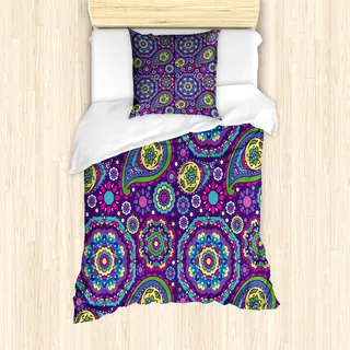 ABAKUHAUS lila Mandala Mantele, Leuchtende Töne Boho, Milbensicher Allergiker geeignet mit Kissenbezügen, 135 cm x 200 cm - 80 x 80 cm, Mehrfarbig - Lila