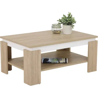 Couchtisch Wohnzimmertisch Tim II - Nachbildung Sonoma Eiche/Weiß - großer Ablageboden - Melaminbeschichtung - 90 x 60 cm - Braun, Weiß