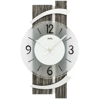 AMS 9547 Wanduhr Quarz analog modern schwarz graue Holz Optik mit Aluminium - Silber