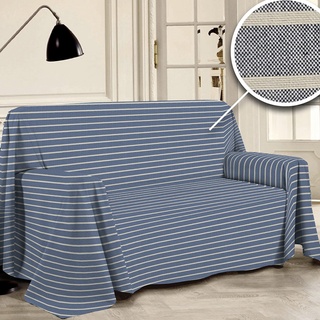 PENSIERI DELICATI Sofabezug 180 x 290 cm Made in Italy, Garn gefärbtes Abdeckung aus 100% Reiner recycelter Baumwolle, Blau Gestreift, Ideal als Möbel Tuch, Sofa Überzug, Picknickdecke