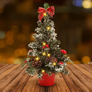 Belle Vous Künstliche Rote Mini Weihnachtsbaum Deko mit LED - 40cm - Mini Tannenbaum Dekoriert mit Beeren, Tannenzapfen & Schleifen für Haus, Tisch & Wohnzimmer