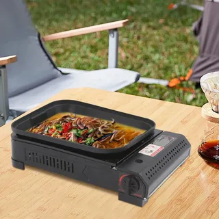 Tragbarer Butangasgrill - Gasgrill/Gaskocher - 37 cm Antihaft-Grillpfanne - Gehärteter Glasdeckel - Für Camping/Picknick/BBQ - Schwarz - Schwarz