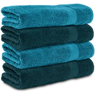 Komfortec 4er Duschtücher Set 70x140 cm aus 100% Baumwolle | Frottee, Weich und Saugstark, Badetücher für Bad und Dusche, Petrol/Türkis