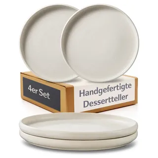 Cosumy 4er Dessertteller Set aus Steingut Ø22 cm – Handgefertigte Kuchenteller Weiß – Elegante Frühstücksteller – Tafelservice Kleine Teller Set – Geschirr Set Modern (Tellerset für 4 Personen)