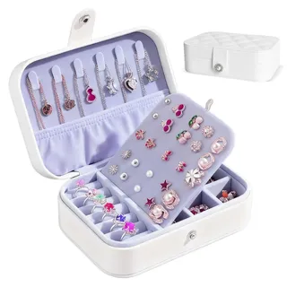 Schmuckkästchen Reise, Schmuckkasten Klein, Schmuckaufbewahrung mit Stil, Schmuck-Reiseetui für Ohrringe, Halsketten, Ringe, Geschenkidee für Frauen, Mädchen, 16 × 11 × 5 cm, Weiß