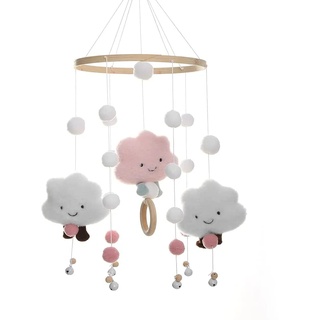 Mobile Baby Windspiele, Wolke Puppe , Holz mit Filzbällen 3D , Bettglocke Anhänger für Babybett Jungen und Mädchen (Rosa)