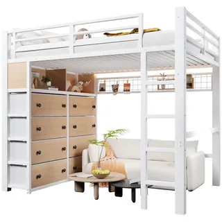 Stilvora Hochbett 140/200 cm in Weiß mit 8 Schubladen, Regalen, Lochwand und LED aus MDF und Metall , Babymöbel & Kindermöbel, Kinderzimmer & Jugendzimmer, Kinderbetten, Hochbetten