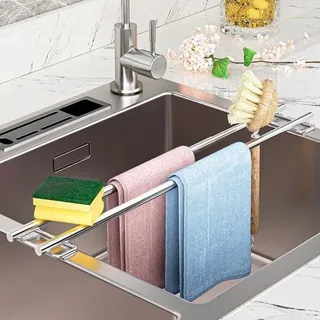 Unyqoos®️ Spülbecken Organizer - Multifunktionale Spülbeckenablage - Ausziehbares Abtropfgitter aus rostfreiem Edelstahl - Schwammhalter - Geschirrtuchhalter für die Arbeitsplatte - Silber