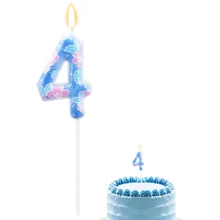 Anime Cartoon Geburtstagskerzen mit Zahlen, Cartoon Blaumonster Kuchenkerze Blauer Hawaii Kuchenaufsatz mit Blättern und Blumen für Geburtstagsdekoration Partyzubehör (4)