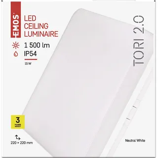 EMOS LED-Deckenleuchte TORI, wasserdichte 15 W Badlampe für Außen und Innen, 1500 lm quadratische Flurlampe/Badezimmerlampe, neutralweiß 4000K, Deckenlampe für Flur, Bad, Küche, 22cm