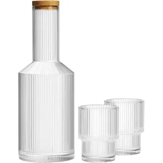 ALINK Glas Nachttisch Wasserkaraffe mit Deckel und Glaskaraffe Set, gerippte Karaffe Glaswaren Trinkgläser für Nachttisch, 765 ml, Vintage-Wasserkrug aus geriffeltem Glas – klar