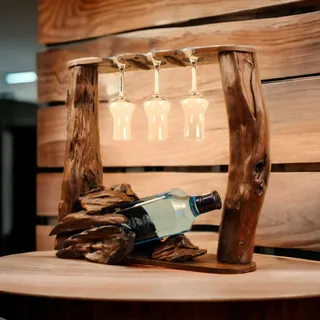 Holz Weinregal Massivholz Flaschenständer Flaschen Ständer Wein Regal Wurzelholz - braun - 1 Flasche + 3 Gläser