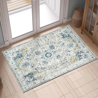 TOPICK Fußmatte 60x90cm Hellblau Teppich Blumen Waschbar Superdünne Faltbar Vintage Kurzflor Orientalischer Flower Lang Eingangsmatte Küchenteppich für Büro Haustür Patio Flur