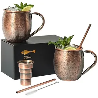 SKY FISH Moscow Mule Becher 2er Set, 3D Geprägte Cocktailgläser, 500 ml Edelstahl Weingläser, Handwäsche, Jahrgang Kupfer Oberfläche