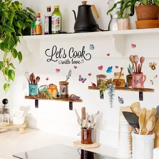 WandSticker4U®- Vintage Wandsticker KÜCHENREGAL I Wandbilder: 70x50 cm I Wandtattoo Küche Sprüche Kochen Liebe selbstklebend I Wand Aufkleber Küchenschrank Deko retro modern