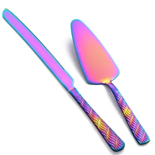 FULLYWARE Regenbogen Tortenmesser- und -servierset, Edelstahl Tortenmesser und -Heber, Torten- und Kuchenschneider-Set für Hochzeit, Geburtstag, Party