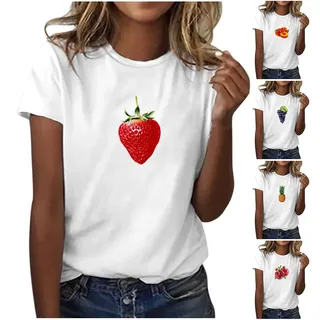 Tshirt Damen | Einfarbig Fruchtdruck Tshirt Sport Lässig Tshirt Pullover Baggy Frühling Sportshirt Oberteil Blusen Party Top Kurzarm Rundhals Fruchtdruck Tshirts