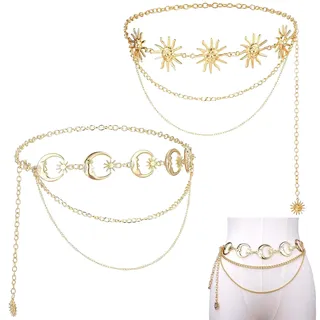 2PCS Gürtel Damen TREABEAR,Gürtel Gold, Kettengürtel Sonne und Mond, verstellbare mode taillengürtel