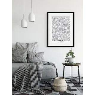Queence »Berlin Stadtkarte« Berlin Deutschland Schwarz-Weiß Stadt Städte 1 Stk. tlg. HD Premium Poster-Druck inkl. Holzrahmen,