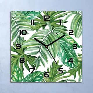 Wanduhr Echt-Glas-Küchenuhr Dschungel Blätter Quarz Lautlos 30x30 Deko Bilder - Grün