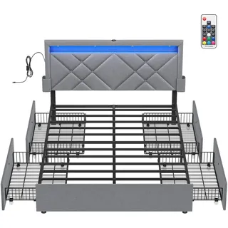 VASAGLE Doppelbettgestell, Bettgestell, 140 x 200 cm, LED, Metallbett, 4 Schubladen, Ladestation, verstellbares gepolstertes Kopfteil, Hellgrau - Hellgrau