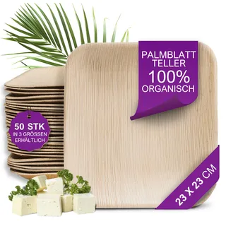 Waipur Bio Palmblatt Teller - 50 Einwegteller eckig 23x23 cm - Premium Einweggeschirr kompostierbar - Umweltfreundliche Party-Teller - ähnl. Einweg Bambus Geschirr