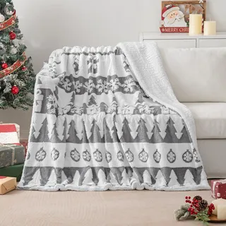 MIULEE Kuscheldecke Weihnachts Sherpa Decke Warme Lammdecke Wohndecke Davidshirsch Weihnachtsbaum Schneeflocken Muster Sofadecke Dicke Tagesdecke Couchdecke Überwürfe für Sofa Bett 150x200 cm Grau-B