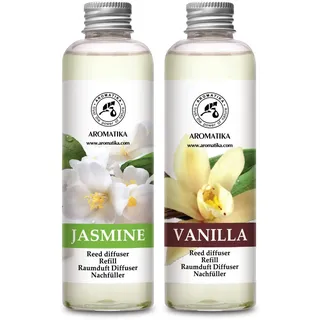 Raumduft Nachfüllflasche Vanille & Jasmin 2x200 ml - Raumerfrischer - Frischer und Langanhaltender Raumduft - Aroma Diffuser - Aromatherapie - Lufterfrischer für Raum - Reed Diffuser Refill