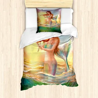 ABAKUHAUS Meerjungfrau Mantele, Mermaid Violine spielt, Milbensicher Allergiker geeignet mit Kissenbezügen, 135 cm x 200 cm - 80 x 80 cm, Mehrfarbig
